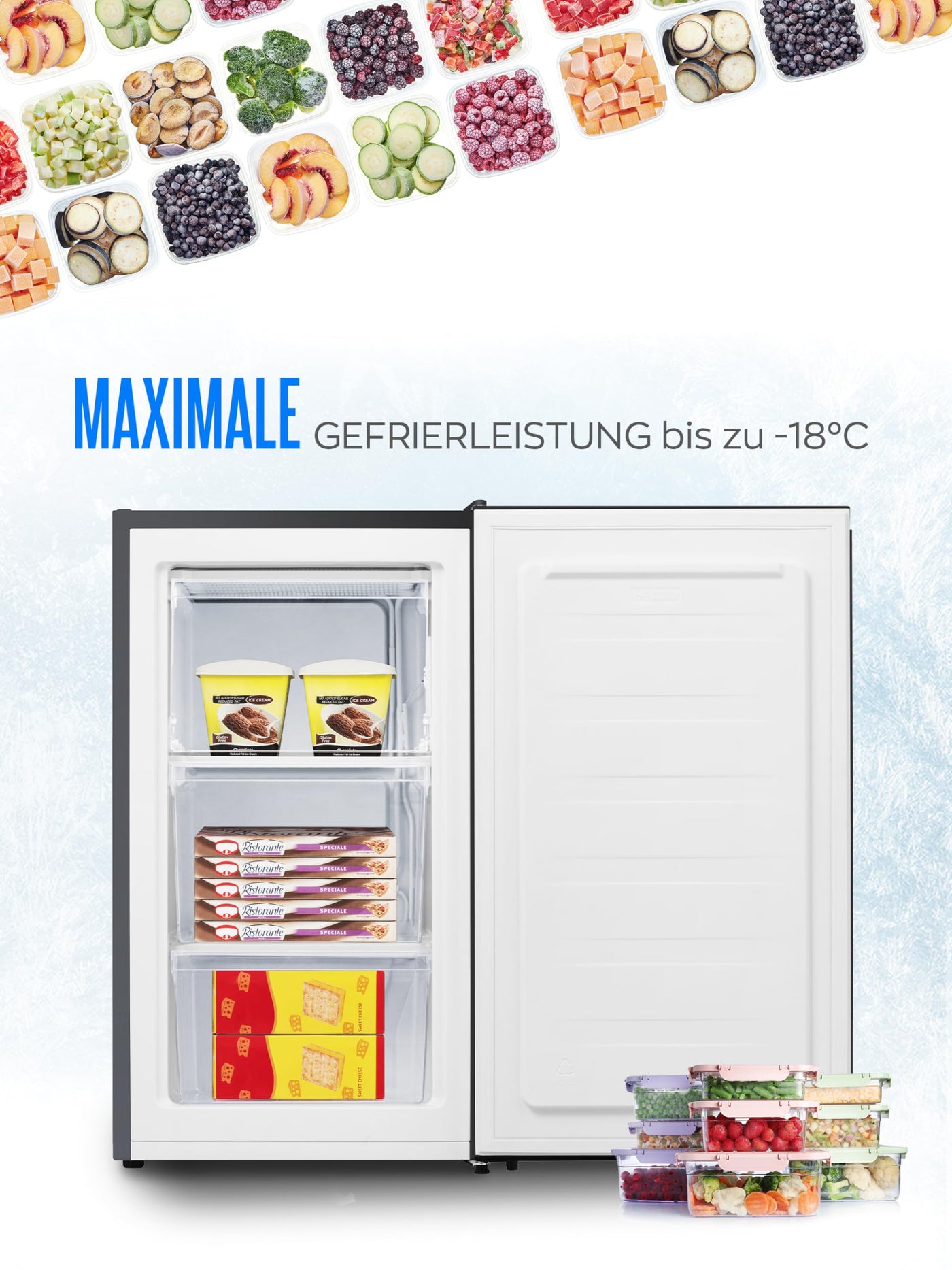 Heinrich´s Gefrierschrank 61Liter -18°C Freezer 3x Gefrierschublade, 7 Stufen Temperaturregler,Airflow, wechselbarer Türanschlag, schwarz