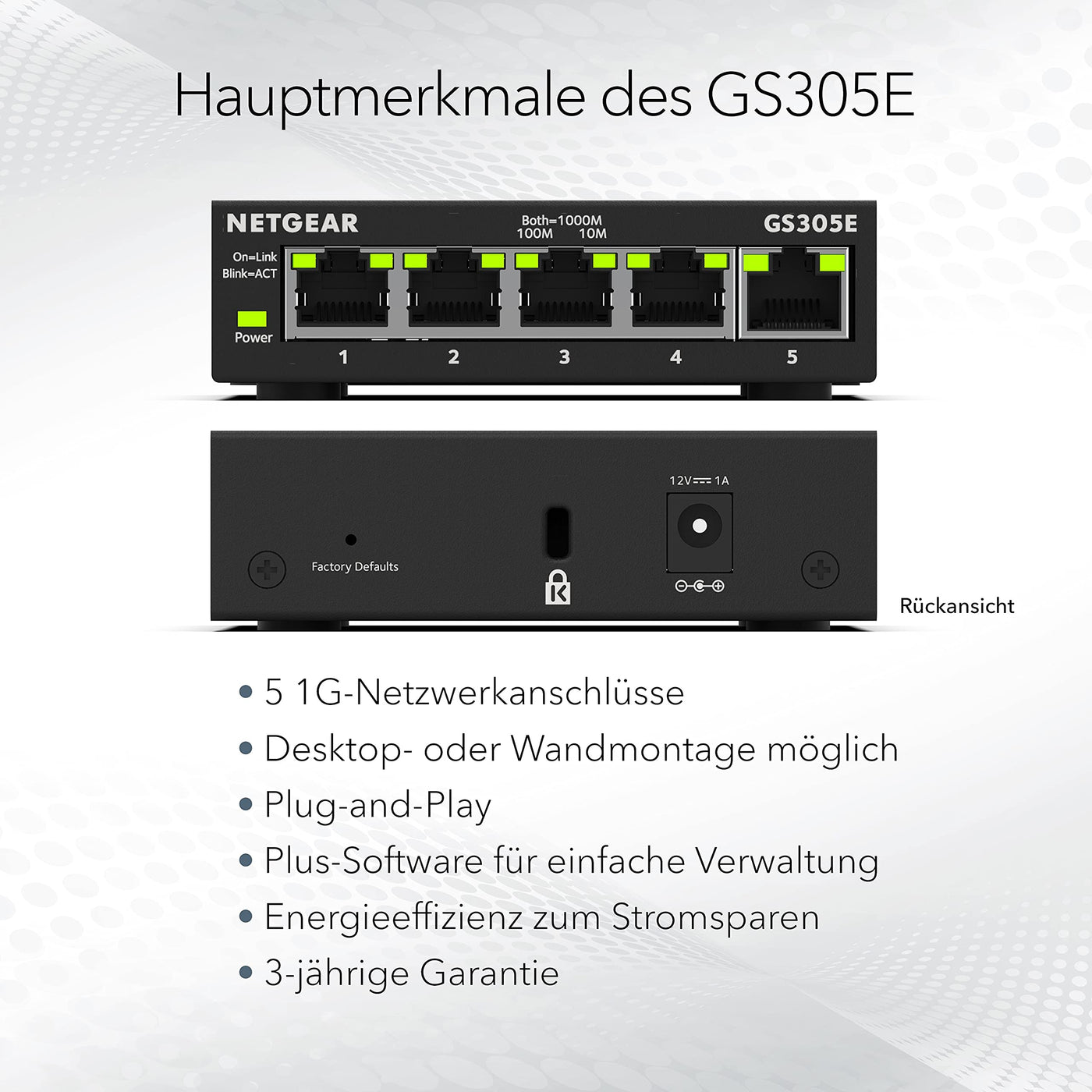 Netgear GS305E Managed Switch 5 Port Gigabit Ethernet LAN Switch Plus (Plug-and-Play, Netzwerk Switch Managed, IGMP Snooping, QoS, VLAN, lüfterlos, robustes Metallgehäuse), Schwarz