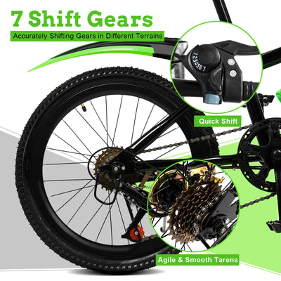 TESUGN 20 Zoll Kinderfahrrad, 7 Gang Mountainbike Kinder Fahrrad, Aluminium Mountainbike mit V-Bremse für Mädchen und Jungen, Grün
