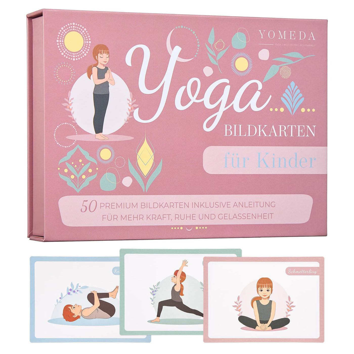 Yomeda Kinderyoga Bildkarten – 50 hochwertige Yoga Karten für Kinder mit Anleitungen – Fördert Konzentration, Bewegung & Achtsamkeit – Ideal für Zuhause, Schule & Therapie [Pädagogisch Wertvoll]