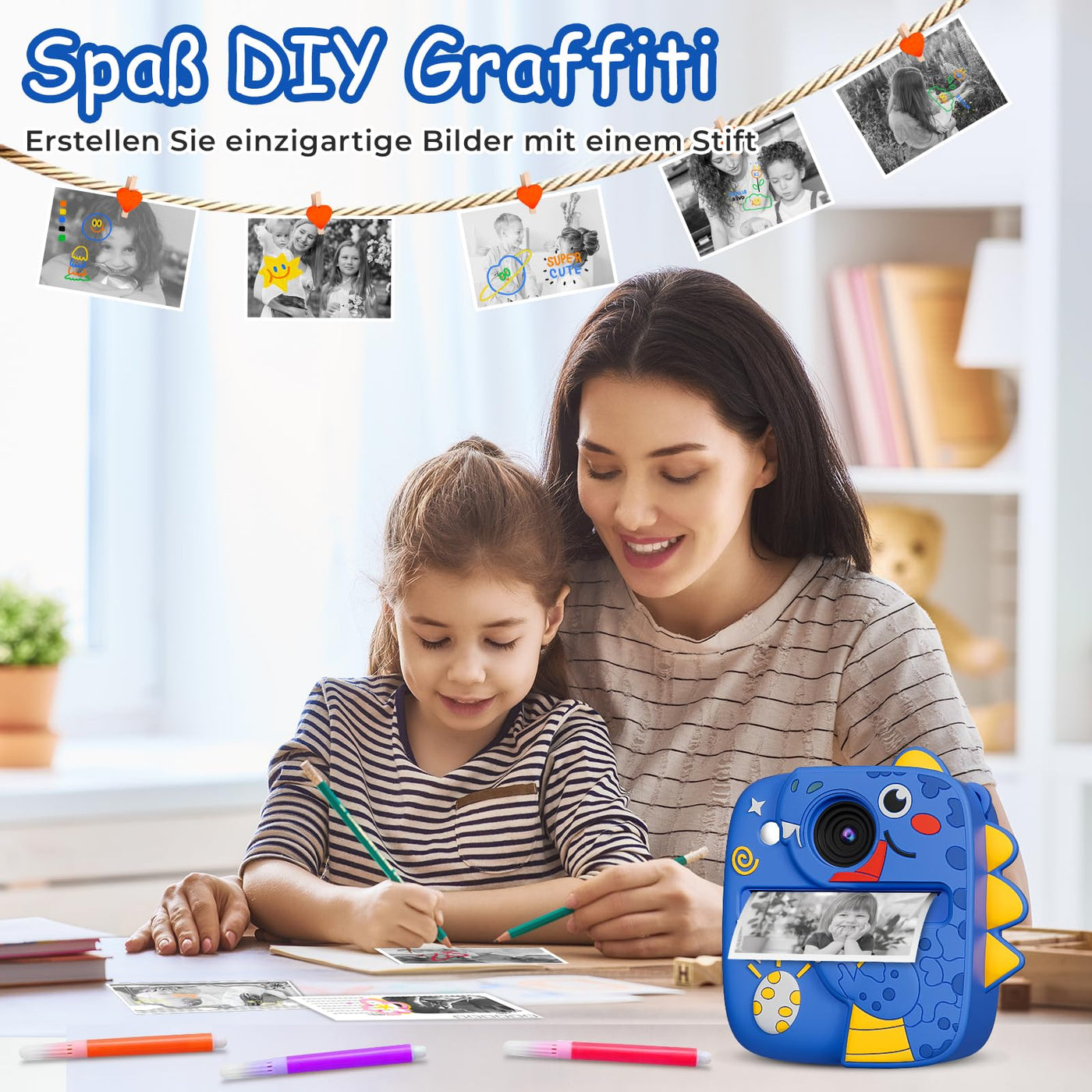 Kinderkamera Sofortbildkamera, 1080P HD 48MP Sofortbildkamera Kinder, Digitalkamera Kinder mit 32GB TF Karte, 3 Rollen Druckpapier & Dinosaurier Silikon Schutzhülle, Geschenk für Junge ab 3-12 Jahren