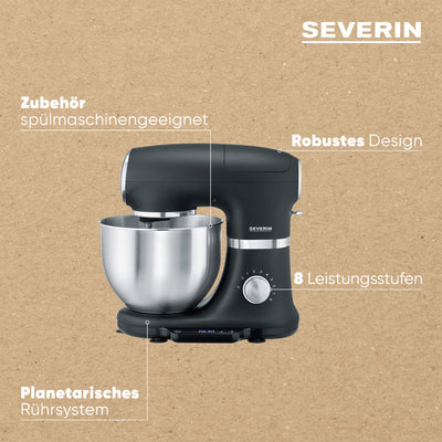 SEVERIN Küchenmaschine mit Waage, große Knetmaschine für bis zu 3 kg Kuchenteig, robuste Teigmaschine mit Knethaken, Flachrührer und Schneebesen, 1.000 W, schwarz, matt/Edelstahl, KM 3898, 3.8