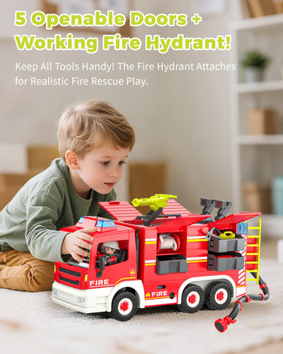 Coroiesty Feuerwehrauto Spielzeug ab 4 Jahre, Große Feuerwehrwagen mit 2 Feuerwehrleuten & Werkzeug, Licht & Sirene, pädagogisches Rettungsfahrzeug für Kinder Jungen Mädchen