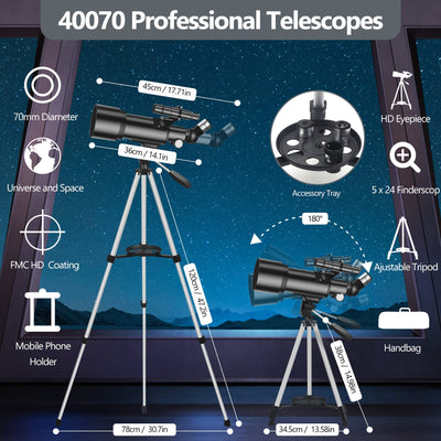 Misilmp Teleskop, inkl. Linsen, Handyhalterung, Tragetasche 70mm Aperture 400mm Refraktor Teleskope für Anfänger & Kinder, Tragbares Stativ Astronomie Erwachsene Fernrohr Telescope (Schwarz)