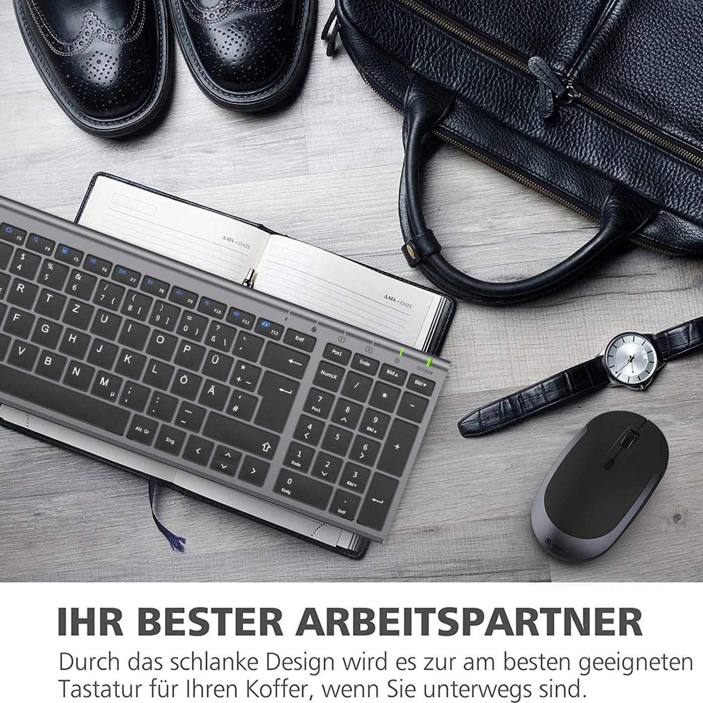 iClever GK03 2.4G Tastatur Maus Set Kabellos, Aluminium Wireless Slim Tastatur QWERTZ Layout (Deutsch), für Computer/Desktop/PC/Laptop/Oberfläsche/Windows 10/8/7/Vista/XP (2.4GHz, USB)