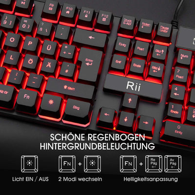 Rii Gaming Tastatur und Maus Set, 3 LED Hintergrundbeleuchtung, ideal für Gaming und Büro, kompatibel mit PC (DE-Layout, Schwarz)