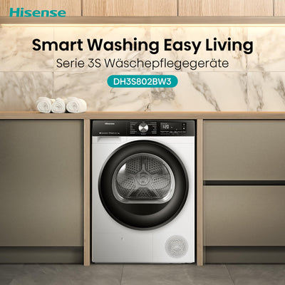 Hisense DH3S802BW3, 8KG, Kondensation mit Wärmepumpe, 16 Programme, ConnectLife, TwinAir, Weiß, Energieeffizienzklasse C