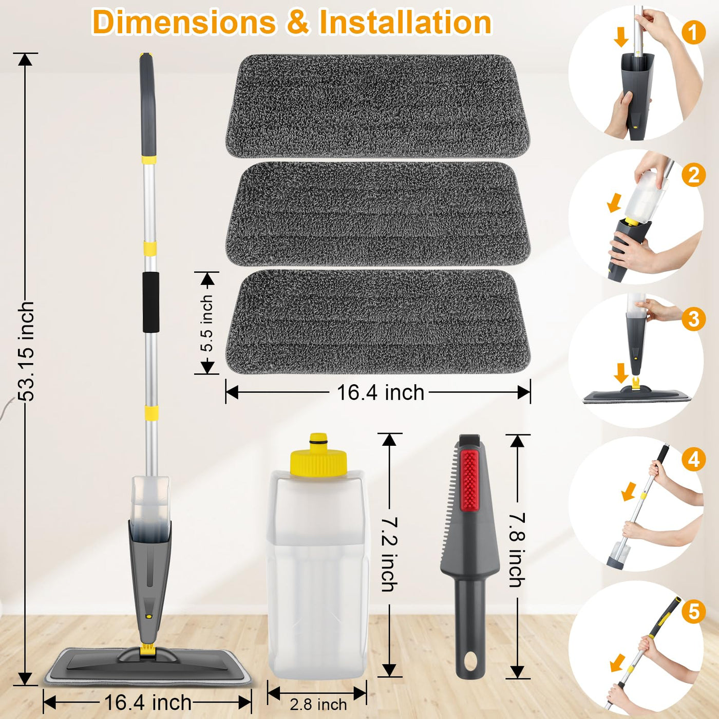 Homgif Bodenwischer mit Sprühfunktion 550ML Sprühwischer, Wischmopp mit Sprühfunktion Spray Mop, Home Küche Wischer Bodenreinigung (Grau und Gelb)