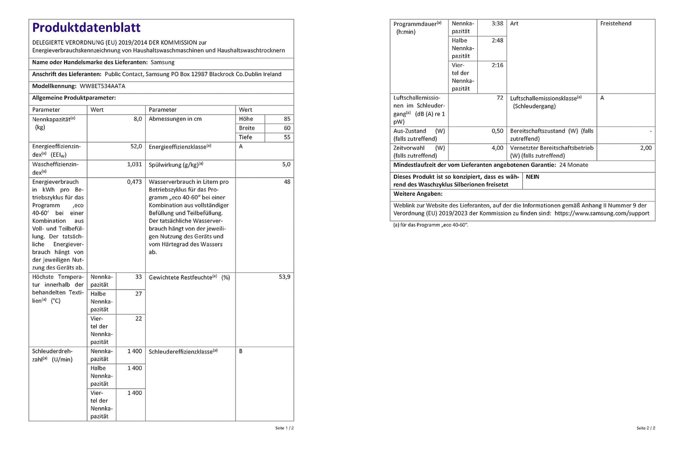 Samsung Waschmaschine, 8 kg, 1400 U/min, Ecobubble, Automatische Waschmittel- und Weichspülerdosierung, Weiß/Schwarz, WW8ET534AATAS2