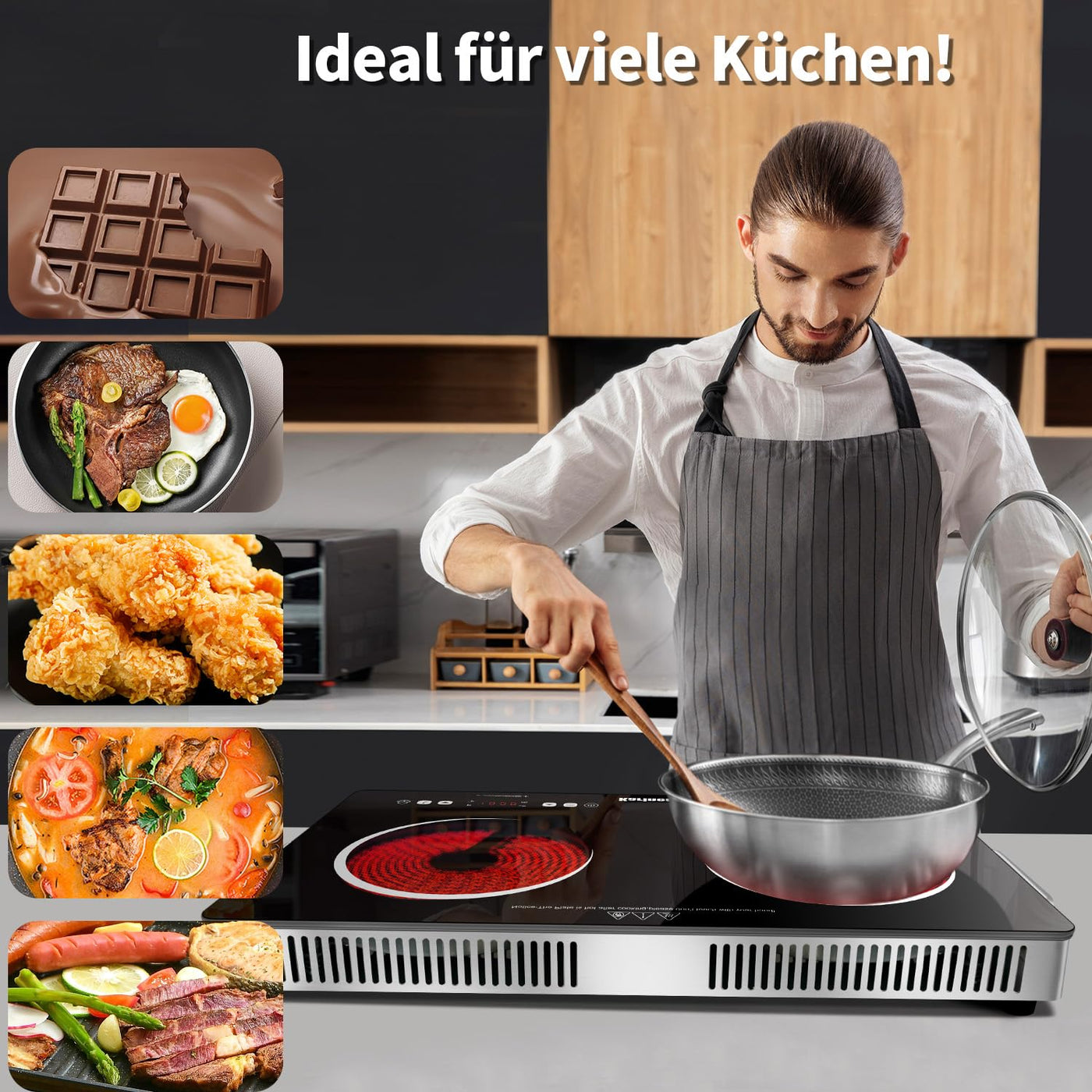 Karinear Keramikkochfeld 2 Platten Tragbar mit Griff, 650 °C Max, Glaskeramik Kochplatte 2er Freistehend, Herdplatte 2 Kochfelder mit Stecker, Timer, Kindersicherung, Restwärmeanzeige, 220-240V, 3200W