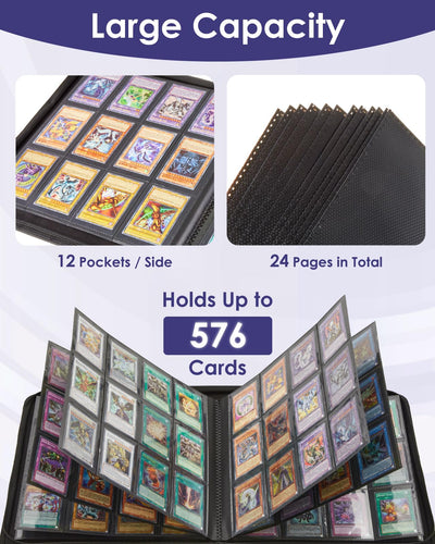Lictin Sammelkarten Album, 12 Fächer Sammelkarten Hüllen, 576 Pockets Sammelalbum Karten, Sammelkarten Box mit Seitenöffnung, Karten Sammelmappe für Spielkarten zum sammeln und tauschen Schwarz