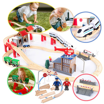 Green series Holzeisenbahn Set für Kinder - Eisenbahn Holz | Spielzeug Zug | Polizeistation, Autobahn und Bahnset mit Brücke, 80 Teilen, 378 cm lang | Holz Eisenbahnen | Holzzug | Modell GS0010