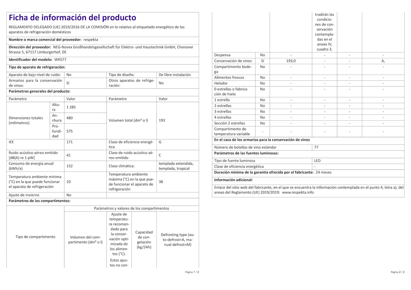Respekta Weinkühlschrank freistehend für 77 Standardflaschen / 193 L Nutzinhalt/Regelbares Thermostat 5-22°C/Touch Control/LED Leuchte/Wechselbarer Türanschlag/Max. 43 dB/WKS 77