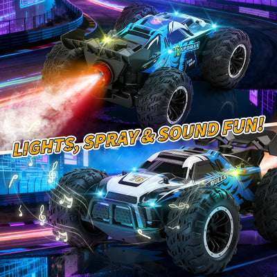DEERC 1:16 4WD RC Auto mit Musik, LED Licht & Sprühfunktion, 2.4GHz Ferngesteuertes Auto mit Dual-Akku 40 Min Spielzeit, Offroad Fahrzeug mit One-Click-Demo, Geschenk für Kinder Jungen 5–12 Jahre