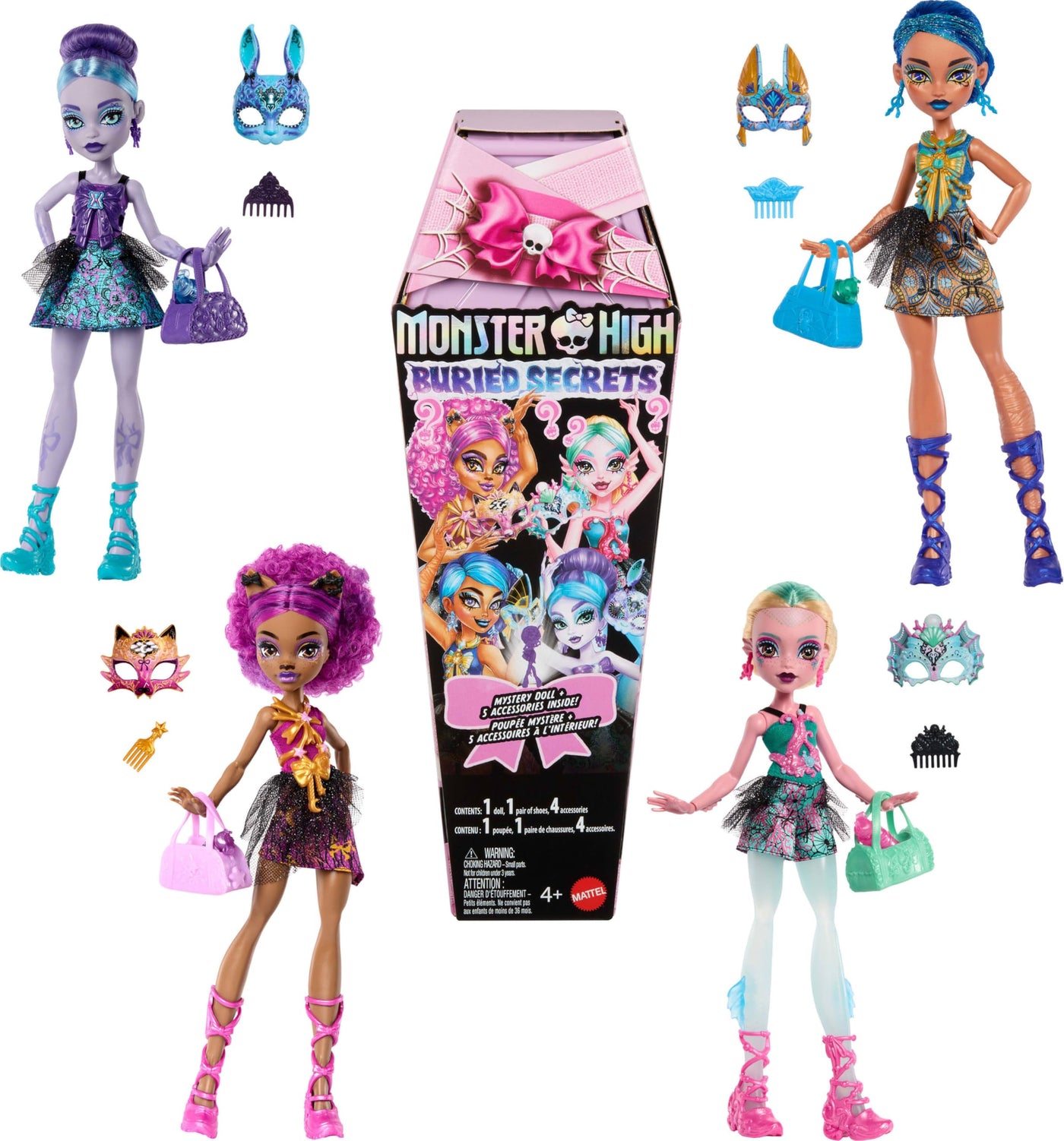 Monster High Buried-Secrets-Puppen und Accessoires, Cozy-Creepover-Thema mit geheimnisvoller Puppe und 5 Überraschungen beim Auspacken (Figuren können variieren), HYV64