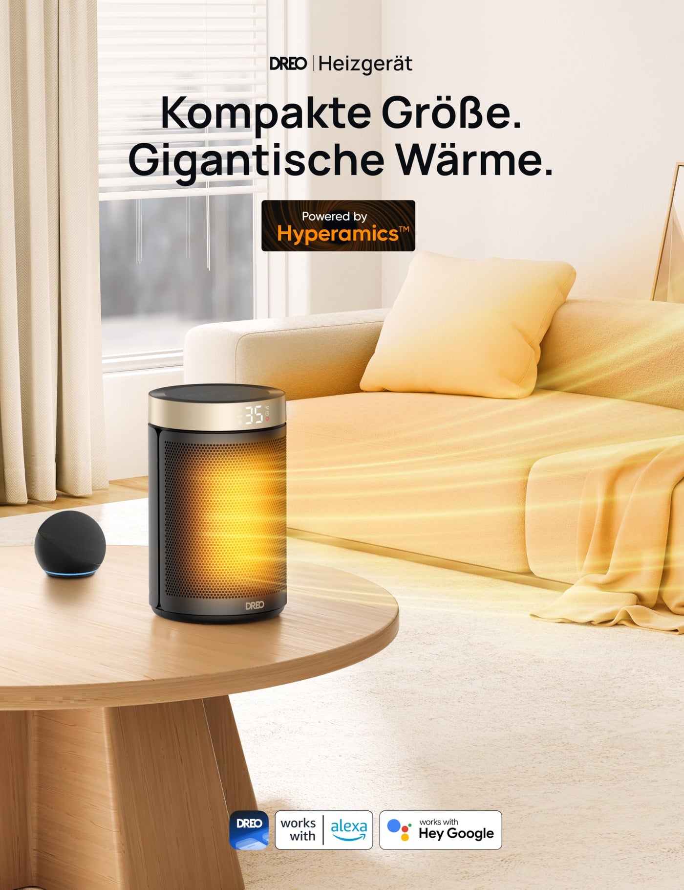 Dreo Energiesparender Heizlüfter, 1500W energiesparender leiser Raumheizer, tragbare Keramik-Fan-Heizer, Thermostat 3 Modi 12H Timer, Überhitzungs- und Kippschutz, für Schlafzimmer, Atom 316, Gold