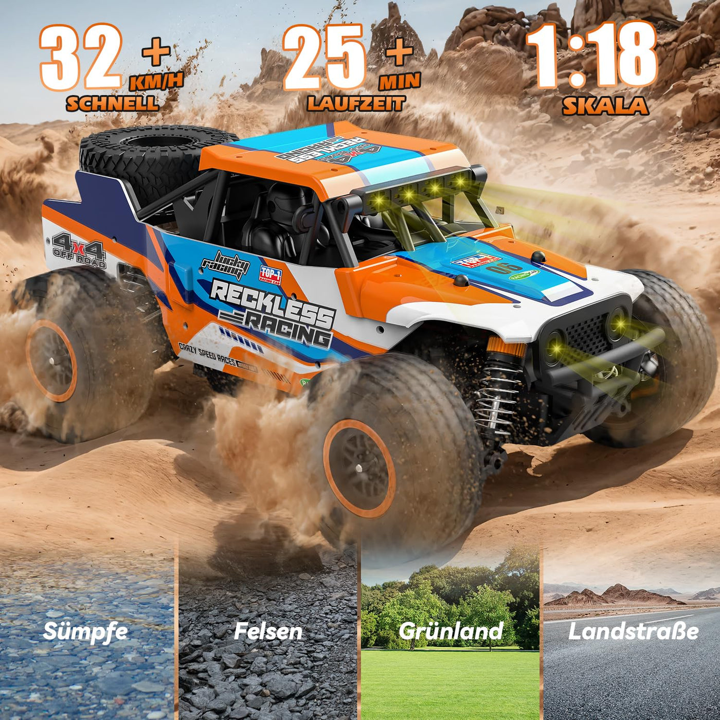 Ferngesteuertes Auto ab 10 Jahre, 32KM/H RC Auto Offroad mit 7 Farben Lichtern, 1/18 RC Monstertruck mit Ersatzreifen, 2.4GHz Monstertruck Ferngesteuert für Kinder Erwachsene, 4WD RTR All Terrain