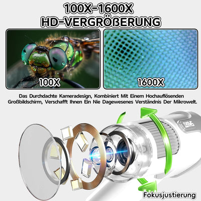 Charmofun Mikroskop für Kinder, Digitales Mikroskop mit 4 Zoll LCD-Display und 1600X Große Vergrößerung, Microscope for Kids mit 64GB Speicherkarte, Foto-und Videoaufnahme, Hand-und Stativfunktion