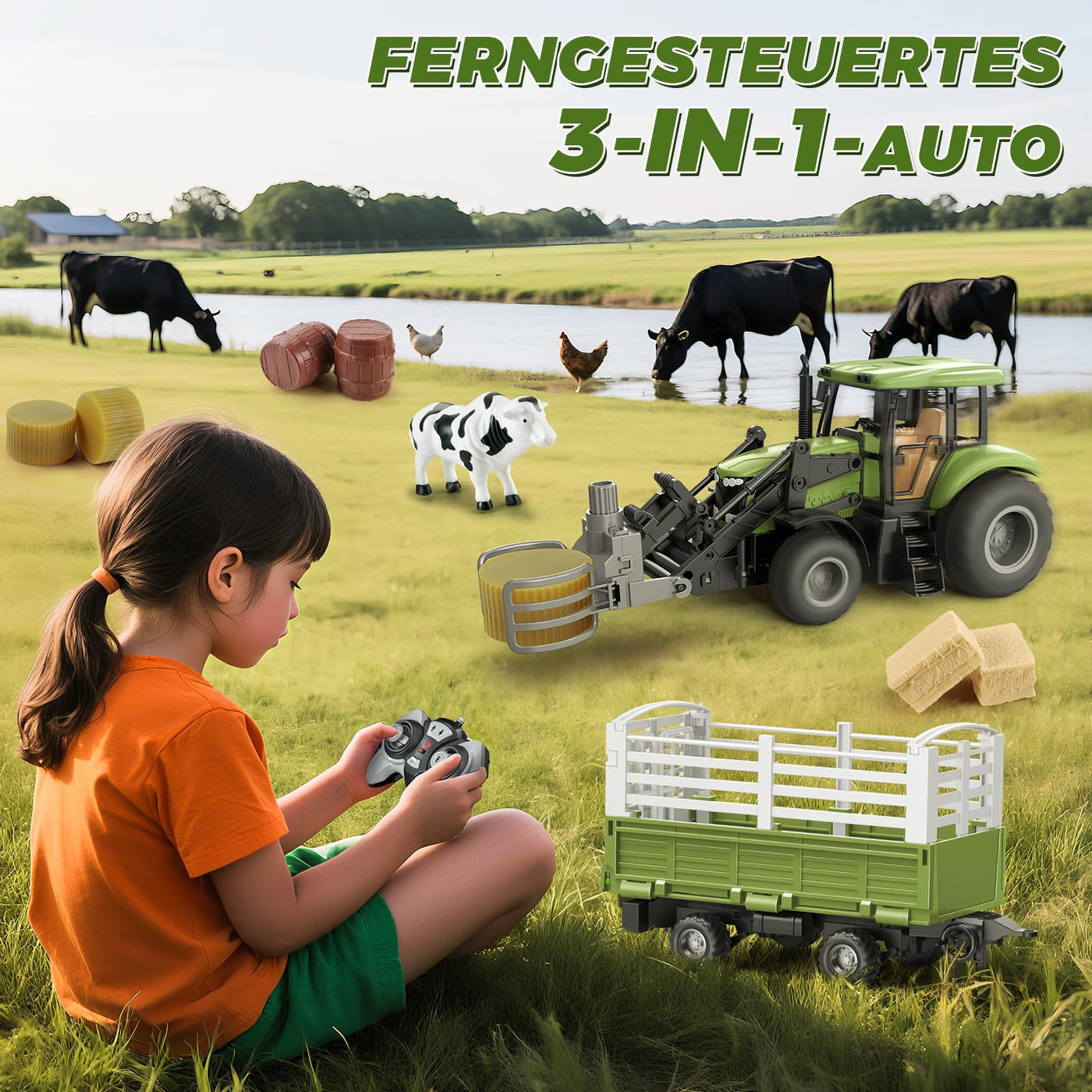 JONRRYIN Ferngesteuerter Traktor, 16 Stück Traktor mit Anhänger, 2.4 GHz Fernbedienung & App 2X Wiederaufladbare Batterien, 3X Fahrzeugfront, Kuh, Heuhaufen Bauernhof Spielzeug ab 4 5 6 7 8 9 Jahre