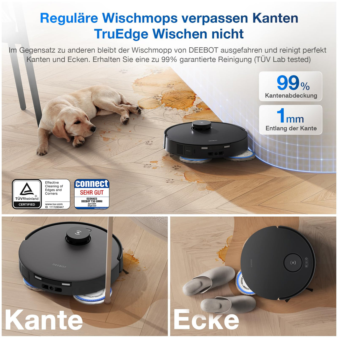 ECOVACS DEEBOT T30 Omni Saugroboter mit Wischfunktion, Mini Station Staubsauger Roboter, 11.000 PA Saugkraft, Adaptive Kantenreinigung mit TruEdge™ Mopping Technolgie, ZeroTangle™ Design