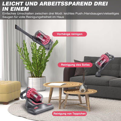 VickyHome 10KPA Wischsauger Kabellos Mit 1500mAh Akku, 3-Gang Wischsauger Staubsauger Auto Akkusauger Kabellos Milbensauger Für Matratzen, Entfernt 99,9% Allergene Von Matratzen