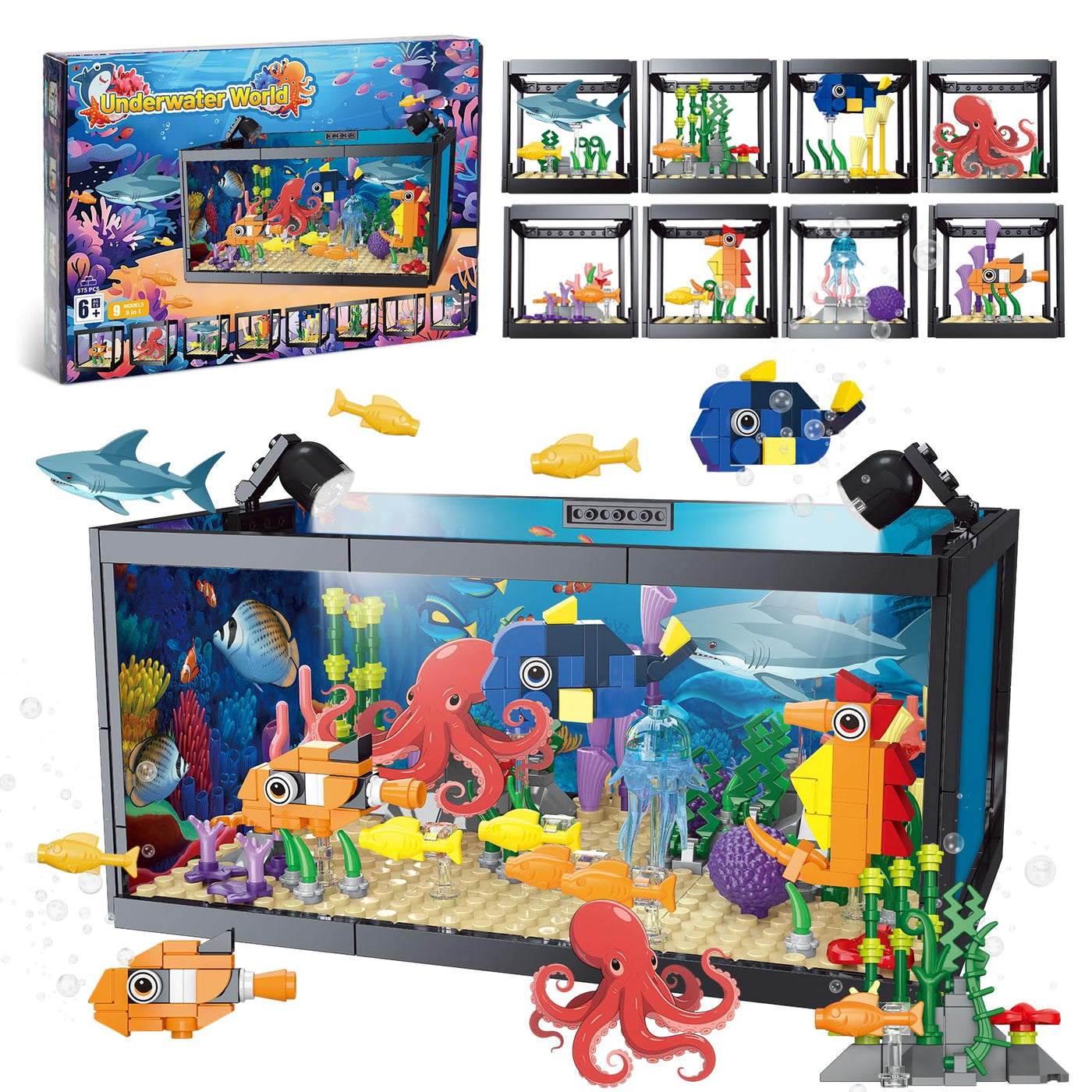 8-in-1 Aquarium Fish Tank Baustein mit LED Licht, einschließlich Meeresquallen, Fischen, Tierbauspielzeug, Geburtstag Weihnachten Geschenk für Erwachsene Kinder Jungen Mädchen ab 6 8 10 12+ Jahren