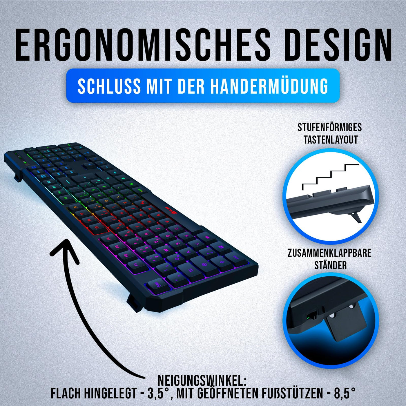 KLIM Chroma Gaming Tastatur QWERTZ DEUTSCH mit Kabel USB - NEU - Langlebig, Ergonomisch, Wasserdicht, Leise Tasten - RGB Gamer Tastatur für PC Mac Xbox One X PS4 Tastatur - Schwarz