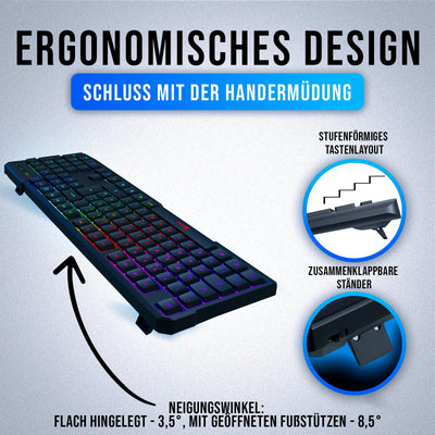 KLIM Chroma Gaming Tastatur QWERTZ DEUTSCH mit Kabel USB - NEU - Langlebig, Ergonomisch, Wasserdicht, Leise Tasten - RGB Gamer Tastatur für PC Mac Xbox One X PS4 Tastatur - Schwarz