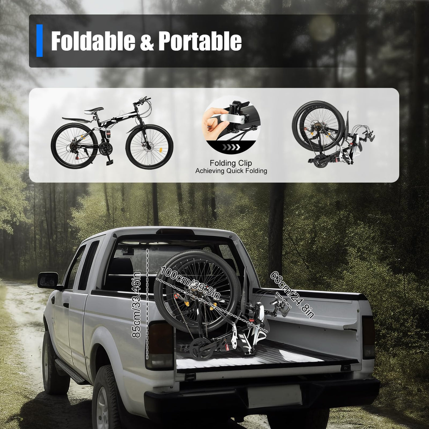 KLOOLIVE Mountainbike Faltrad 21 Gang 26 Zoll Klapprad Erwachsene Fahrrad Verstellbares MTB mit Scheibenbremse Warnlicht Schwarz