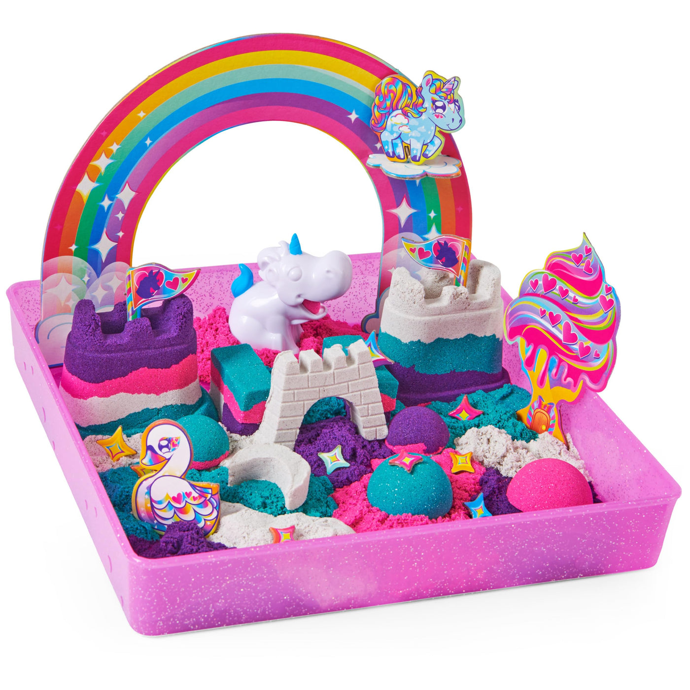 Kinetic Sand Magischer Sand – Einhorn-Königreich 907 G + 8 Formen – Erstellen Sie verschiedene hypnotisierende Formen mit diesem magischen und bunten Sand wie Knetmasse – Spielzeug für Kinder ab 3