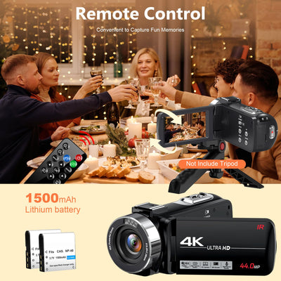 Videokamera Camcorder 4K, 44MP Vlogging Camera für YouTube, 18X Digitaler Zoom 3,0-Zoll-IPS-Bildschirm Kamera, IR Nachtsicht Webcam Videokamera mit Mikrofon, Fernbedienung, 2 Akkus und 32GB SD Karte