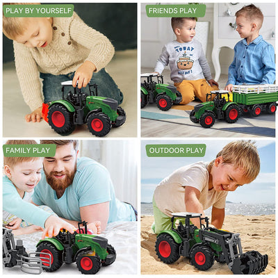 Hyrenee Farm Traktor Fahrzeuge Traktor Anhänger mit Greifer Round Bale Frontloade Tipping Anhänger Dünger Spreader mit Milch Kuh Ballen Farming Spielzeug Spielset für Jungen Kinder Kleinkinder