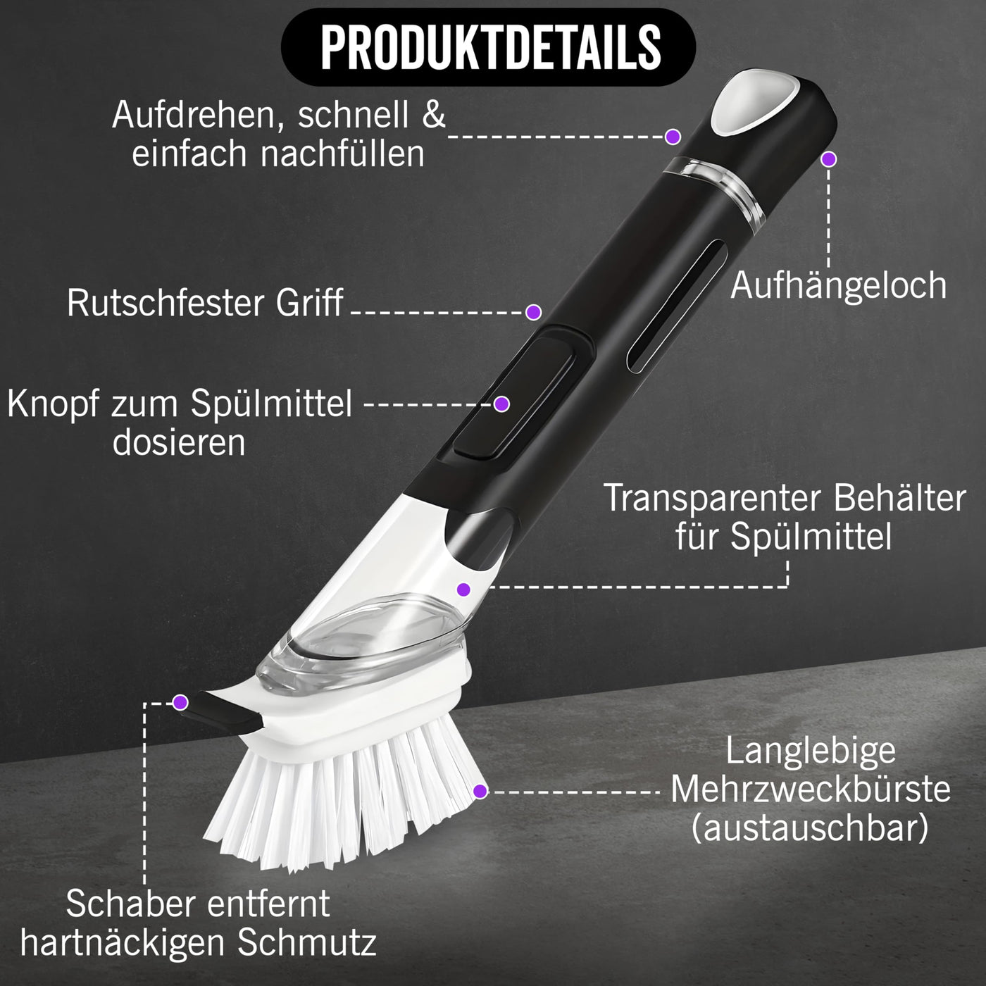 Spülbürste mit Spülmittelspender, Küchenbürste, Geschirrbürste, Abwaschbürste, mit Spülmittel befüllbar, Spülbürste schwarz, Set, Schwamm, Topf, Pfanne