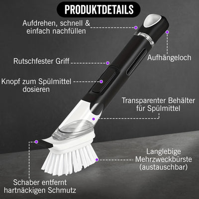Spülbürste mit Spülmittelspender, Küchenbürste, Geschirrbürste, Abwaschbürste, mit Spülmittel befüllbar, Spülbürste schwarz, Set, Schwamm, Topf, Pfanne