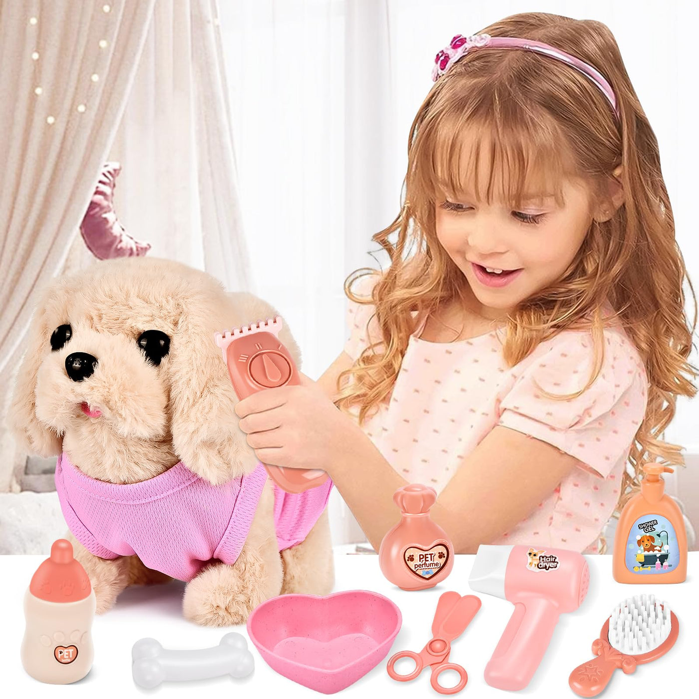 Herefun Hund Spielzeug Kinder, Elektrisch Plüsch Hund, Interaktives der läuft bellt Schwanzwedelt, Haustier Hundespielzeug Elektrisches, Kuscheltier mit Leine Hundekäfig Geschenk Mädchen ab 3 Jahren