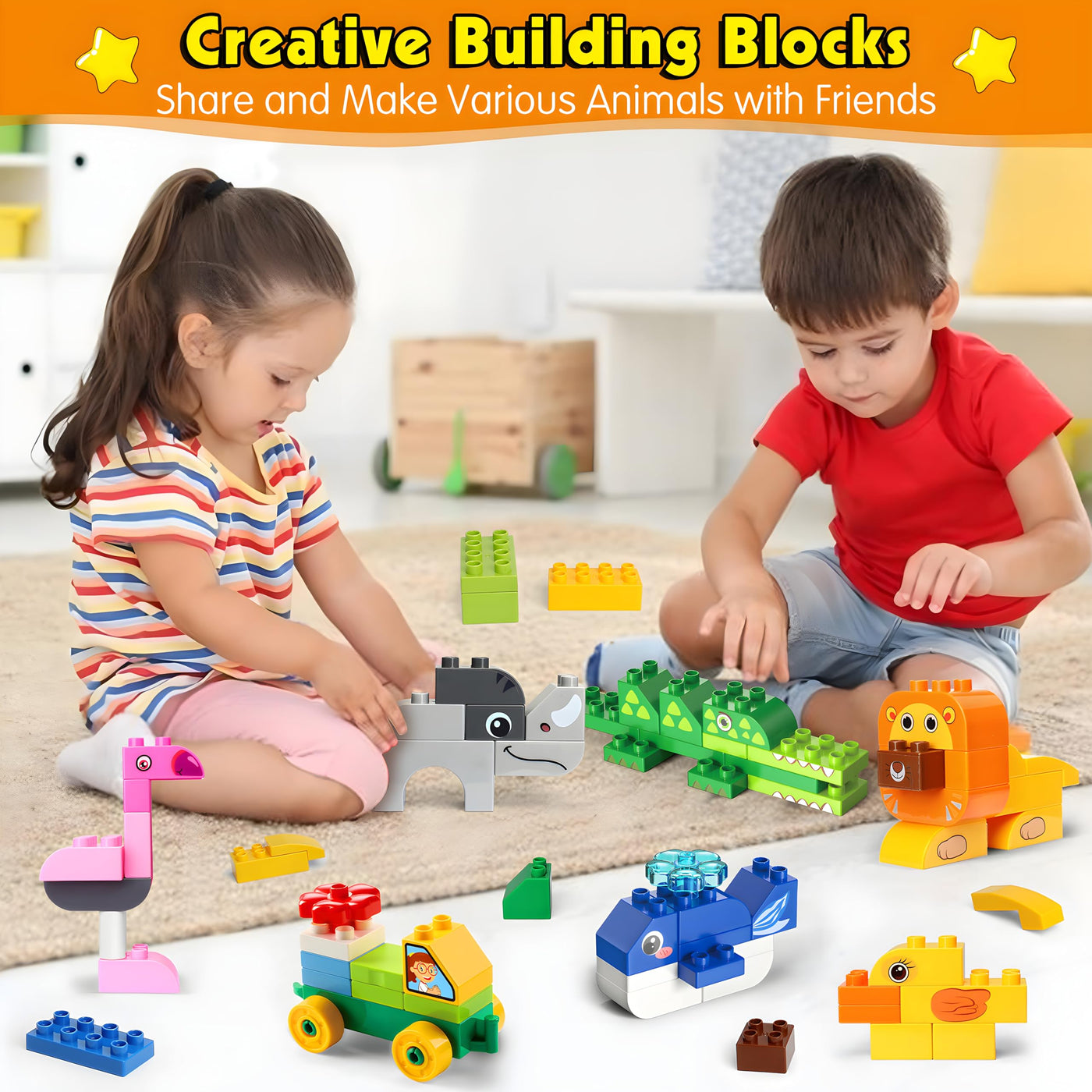 MOONTOY Große Bausteine, 125 Teile Bunte Bauklötze zum Bauen von 16 Tier, Bauspielzeug Konstruktionsspielzeug für Kleinkinder Classic STEM Lernspielzeug Spielzeug für Kinder ab 2 3 4 Jahre Geschenk