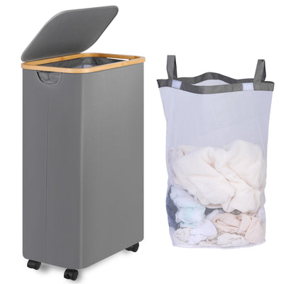 iEGrow Wäschekorb mit Rollen 75L, Wäschesammler Schmal mit Herausnehmbarer und Waschbarer Innentasche, Laundry Baskets Wäschekörbe mit Deckel für Kleidung, Spielzeug, Handtücher (Grau)