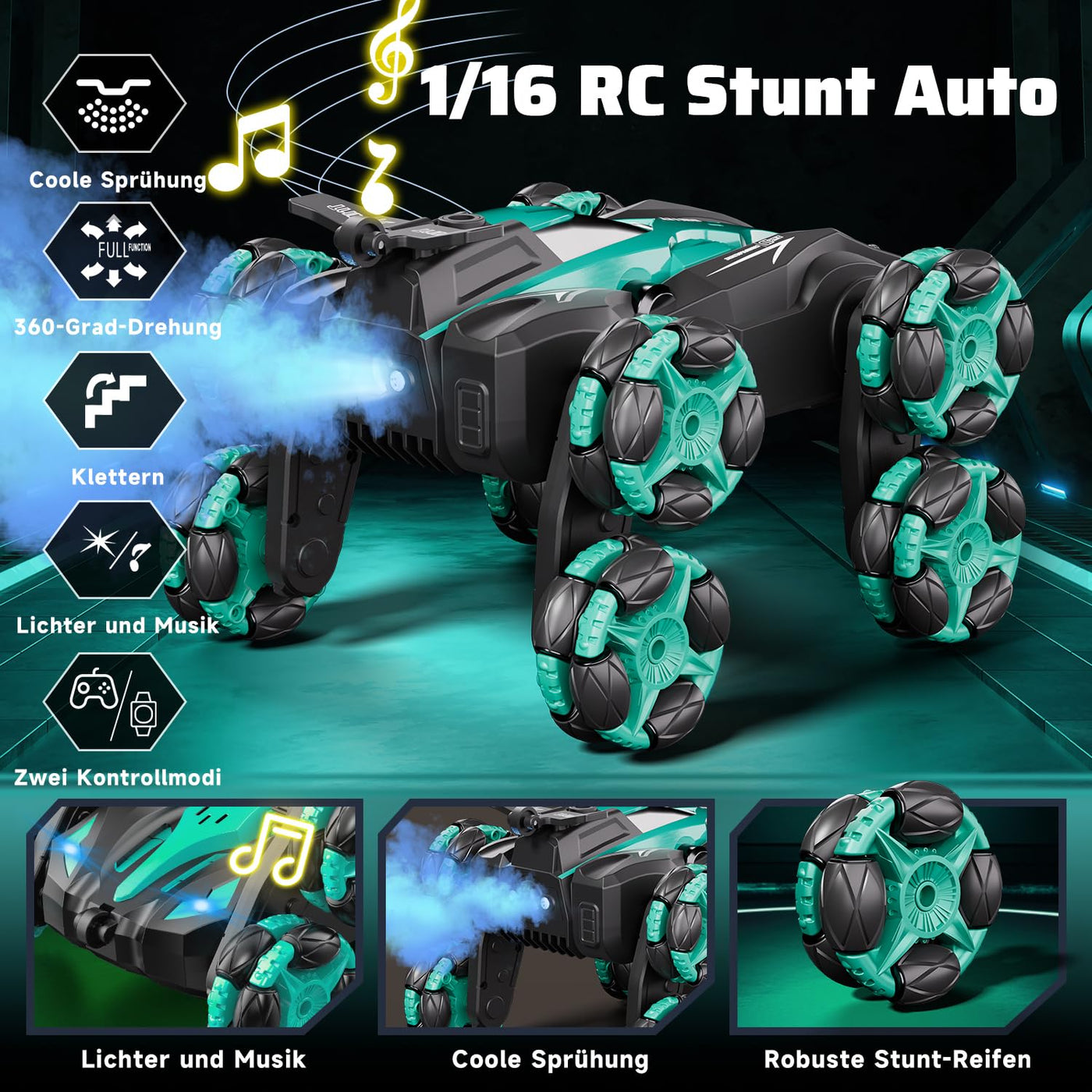 Ferngesteuertes Auto, 1:16 Auto mit Fernbedienung ab 5 6 8 Jahre, 2,4 GHz Stunt Auto Ferngesteuert mit Handsteuerung ab 6 Jahre, 8 Räder, Sprühnebel-LED-Musik, Spielzeug ab 4 5 6 7 8 9 Jahre Junge