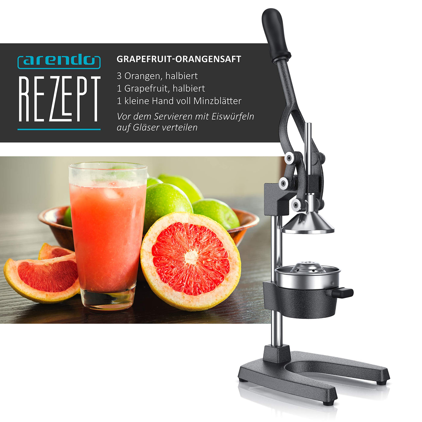 Arendo - Saftpresse - Handentsafter Edelstahl - mechanischer Entsafter – Orangenpresse Zitruspresse manuell mit Hebel – für Orangen Pampelmusen Zitrusfrüchte - massive Bauweise