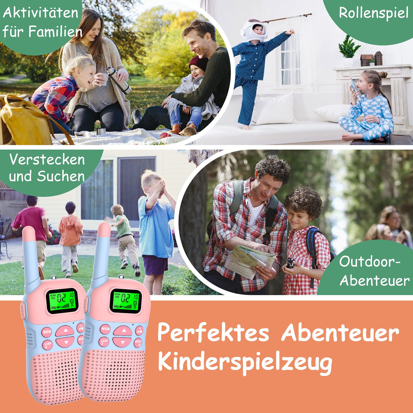 Kidsfun 2×Walkie Talkie Kinder, USB Wiederaufladbar Draußen Spielzeug Walki Talki mit Taschenlampe, Geschenk für Junge und Mädchen ab 3 Jahre,3 Meilen Reichweite für Einkaufen, Freien, Camping. Rosa