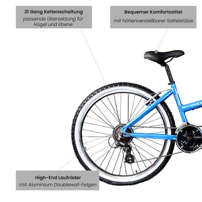 Galano Tandem Fahrrad 2 Personen Mountainbike 21 Gang Schaltung ab 145 cm Hardtail MTB Damen und Herren 26 Zoll mit Alurahmen Oakland (blau, 43/38 cm)