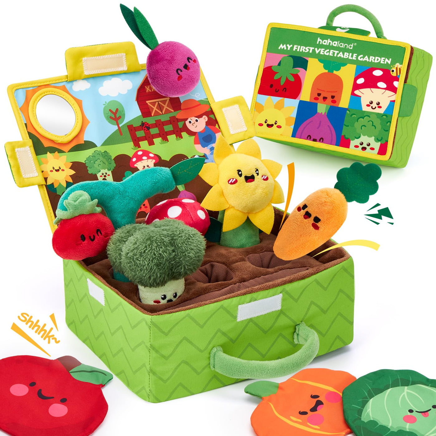 hahaland Montessori Spielzeug Baby - Obst und Gemüse Garten Plüschtier-Set, Motorik Baby Spielzeug 6 Monate mit Rasseln Spiegel Tragbarer Box,Weihnachts Geschenk für Spielzeug ab 6 7 8 9 10 12 Monate