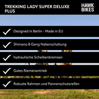 HAWK Trekking Lady Super Deluxe Plus Fahrrad 28 Zoll inkl. Tasche I Trekkingrad mit Gates Riemenantrieb & 8-Gang Nabenschaltung I Allrounder