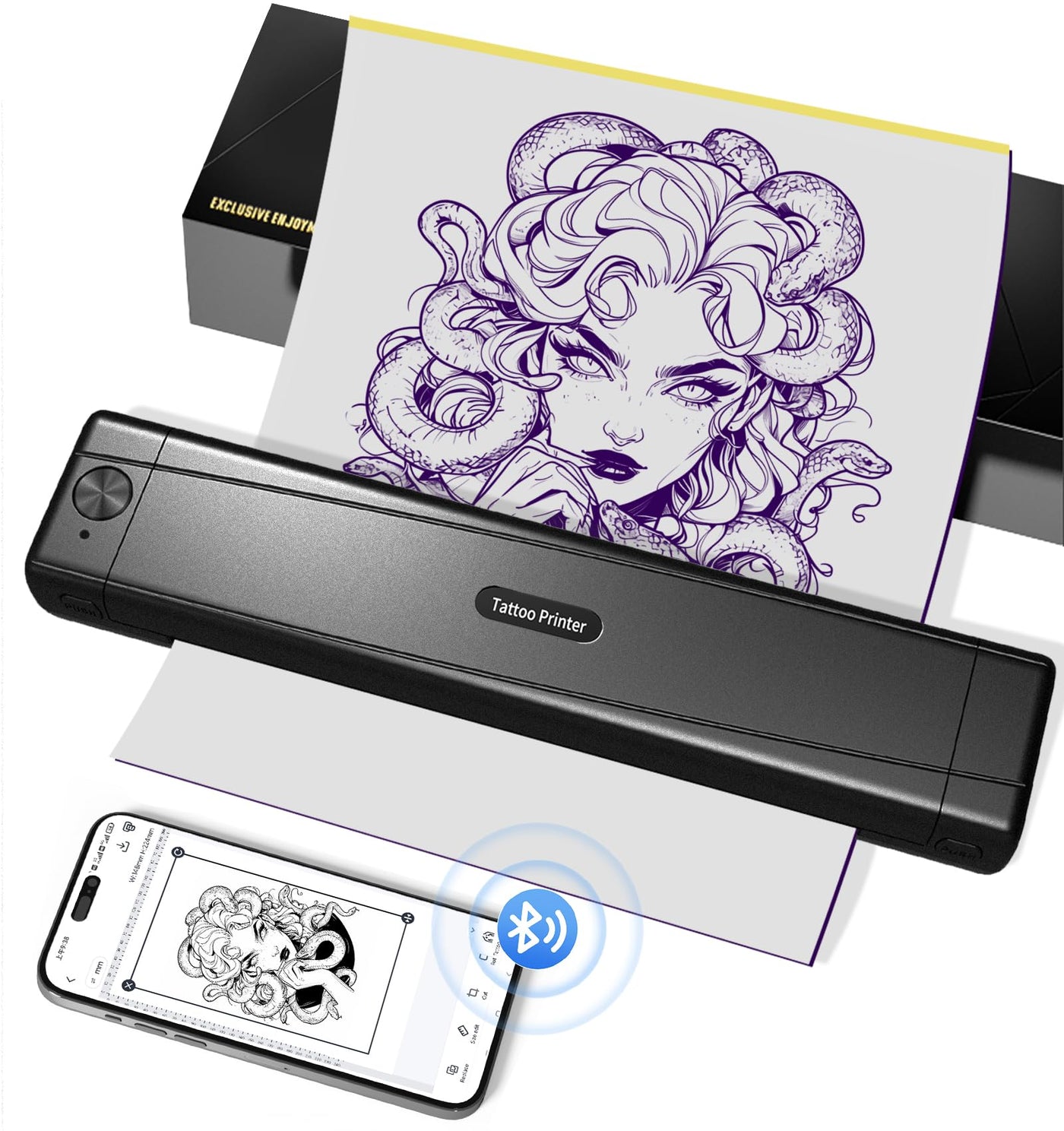 TATTMUSE Tattoo Drucker Bluetooth, Schablone Nadeldrucker mit 10 Stück Papier, Tattoo Transfer mit Smartphone PC, Stencil Drucker für Tattoo Künstler und Anfänger