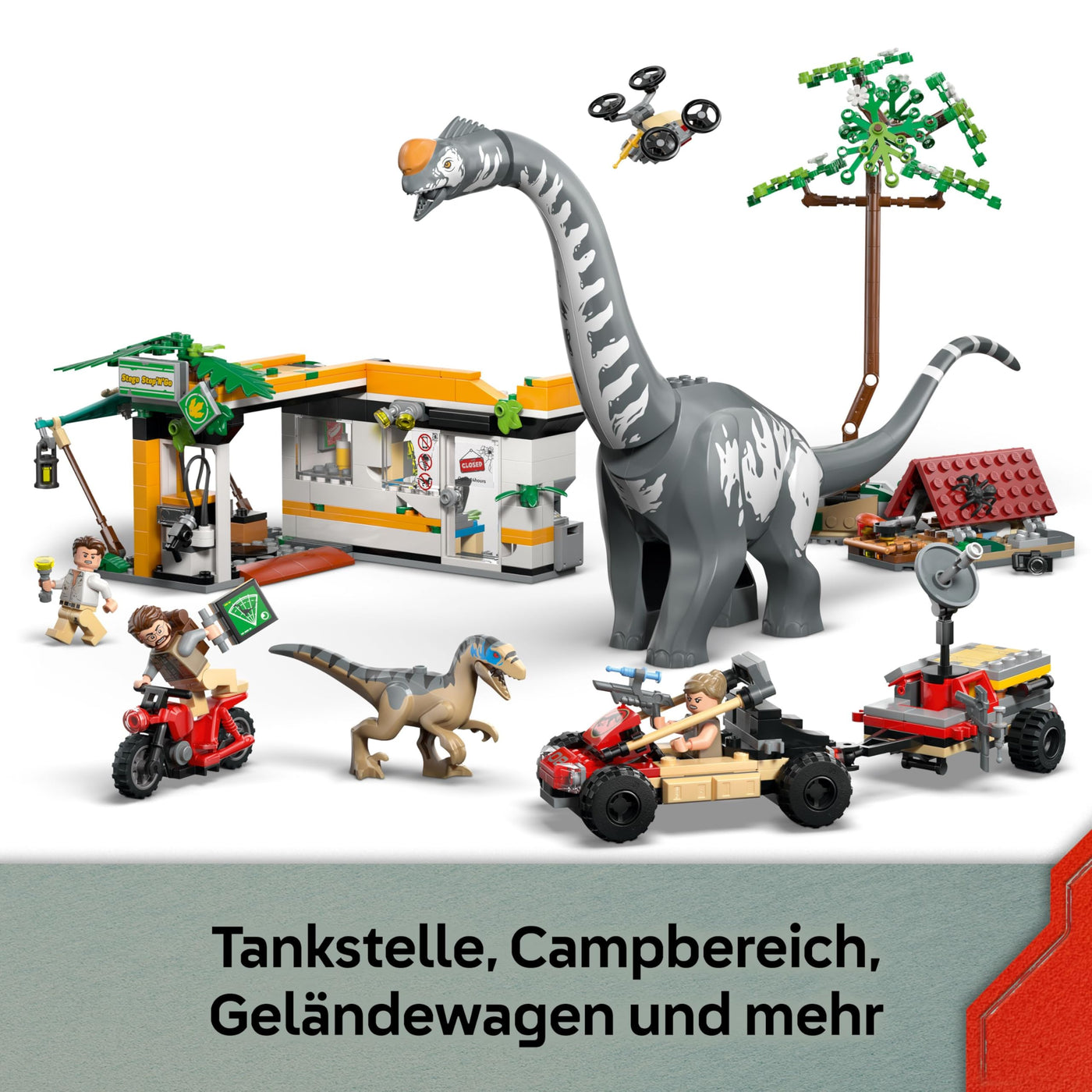 LEGO Jurassic World Raptor & Titanosaurus: Große Fährtensuche – 2 Spielzeug Dinosaurier Figuren, EIN Geländewagen, EIN Motorrad und 3 Minifiguren – Geschenk für Jungen und Mädchen ab 7 Jahren – 76973