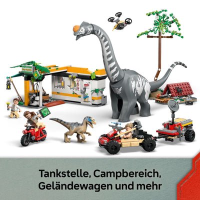 LEGO Jurassic World Raptor & Titanosaurus: Große Fährtensuche – 2 Spielzeug Dinosaurier Figuren, EIN Geländewagen, EIN Motorrad und 3 Minifiguren – Geschenk für Jungen und Mädchen ab 7 Jahren – 76973