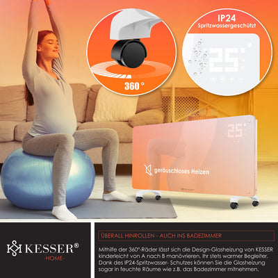 KESSER® Glaskonvektor Glasheizung Elektroheizkörper APP WiFi Funktion Inkl. Fernbedienung Elektroheizung Stand- oder Wand Heizung Heizkörper | Touchscreen | LCD-Display | Timer | 2500 Watt | Weiß