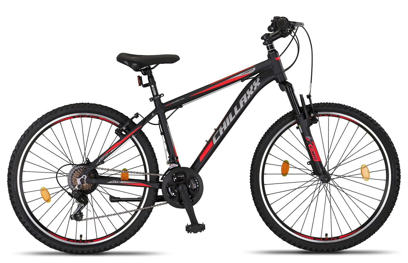 Chillaxx Bike Legend Aluminium 24, 26, 27,5 und 29 Zoll Shimano Mountainbike MTB Fahrrad für Jungen Mädchen Herren und Damen 21 Gang Schaltung Herrenrad Damenrad (26 Zoll, Schwarz-Rot V-Bremse)
