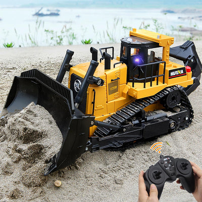 fisca RC Bulldozer, Ferngesteuerter 1/16 Voll Funktionsfähiges Baufahrzeug Ferngesteuerter Schwerer Bulldozer, 2.4 GHz 11-Kanal-Dozer-Frontlader-Spielzeug mit Licht und Sound für Kinder