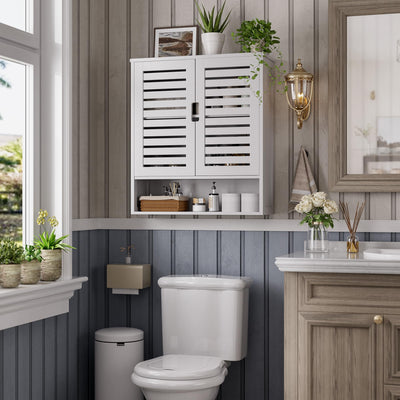 SMIBUY Badezimmerschrank Wandmontage, Bambus über der Toilette Lagerung Veranstalter, Platz sparende Medizin Schrank mit 2 Türen und verstellbaren Regalen (Weiß)